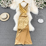 V-neck sexy dress high waist slim sleeveless Hip Wrap Dress long dress HZ1023