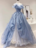 Blue Stylish Elegant Long Tulle Floor-Length Prom Dress Evening Dress Graduation Dress Adult Ceremony Dress HZ1023