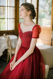Burgundy Sparkling Beaded A-line Long Tulle Elegant Ball Gown Evening Dress HZ1023