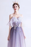 Purple tulle long A line prom dress evening dress HZ1023