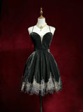 Black Shiny Vintage Elegant Delicate Rhinestone Lace Short Homecoming Dress Velvet Ball Gown Evening Gown Prom Dress Birthday Party Dress HZ1023