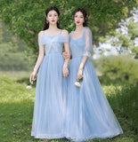 Blue tulle long A line prom dress bridesmaid dress HZ1023