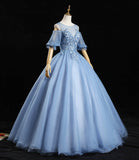 Blue tulle lace long prom dress A line evening dress HZ1023