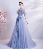 Blue tulle sequins long ball gown dress formal dress HZ1023