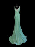 Mint Green Fashion Elegant V-neck Long Mermaid Slim Fishtail Skirt Satin Floor Length Train Ball Gown Evening Gown Party Dress Prom Dress HZ1023
