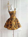 Yellow New Fashion Short Three-Dimensional Embossed Jacquard Fabric Satin Homecoming Dress Birthday Party Dress Cocktail Party Dress Evening Dress Prom Dress Evening Dress HZ1023