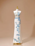 White Luxury Gorgeous Shiny Unique Fashion Elegant Exquisite Floral Bamboo Beads Sequins Suspender Long Ball Dress Evening Dress Bridal Wedding Reception Dress Prom Dress HZ1023
