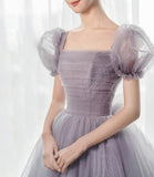 Purple tulle long prom dress A line evening gown HZ1023