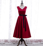 Burgundy v neck satin prom dress homecoming dress HZ1023