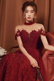 Burgundy tulle beads long A line prom dress evening dress HZ1023