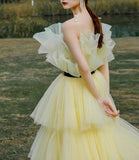 Yellow tulle long ball gown dress A line evening gown HZ1023