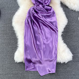 Slim and slim pleated sleeveless diagonal neck strap Hip Wrap Dress HZ1023