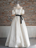 White Elegant Fashion Elegant Textured Long Satin short sleeves Floor-Length Prom Dress Evening Dress Princess Graduation Dress Adult Ceremony Dress HZ1023