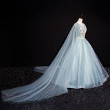 Blue tulle lace long prom dress blue evening dress HZ1023