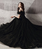 Black tulle beads long A line prom dress evening dress HZ1023