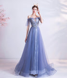 Blue tulle lace long A line prom dress evening dress HZ1023