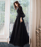 Black tulle lace long prom dress A line evening dress HZ1023
