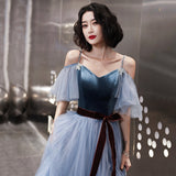 Blue tulle long A line prom dress evening dress HZ1023