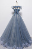 Bule tulle long A line prom dress blue evening dress HZ1023