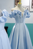 Blue satin long A line prom dress blue evening dress HZ1023
