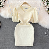 V-neck slim jacquard short A-line dress short sleeve HZ1023