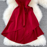 V-neck high waist slim Ruffle sleeveless A-line dress HZ1023