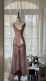 Pink Purple Romantic Fashion Elegant Exquisite Beaded Spaghetti Strap Long Tulle Chiffon Ruffle Ball Gown Evening Gown Party Dress HZ1023