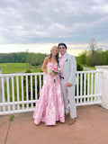 Pink Sweet Heart Neck Beautiful Floral Long Satin Ball Gown Evening Dress Party Dress HZ1023