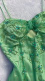 Green Fashion Elegant Delicate Floral Beaded Long Satin Tulle Ball Gown Evening Dress Party Dress Prom Dress HZ1023