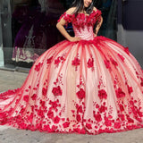 Red gorgeous exquisite sweet floral applique long tulle ball gown evening gown wedding dress HZ1023