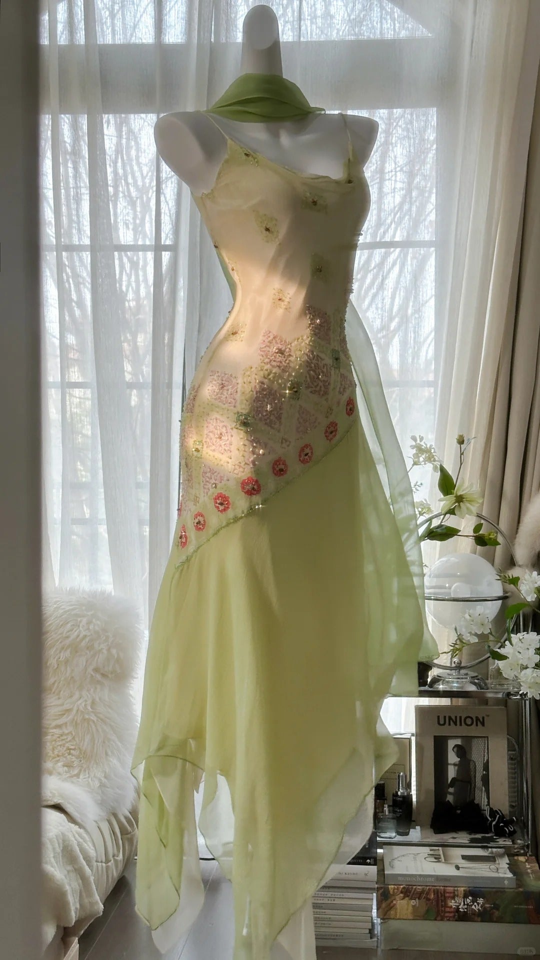 Green Elegant Romantic Delicate Floral Beading Spaghetti Strap Long Chiffon Homecoming Ball Gown Evening Dress Birthday/Wedding Guest/Holiday Party Dress Prom Dress HZ1023