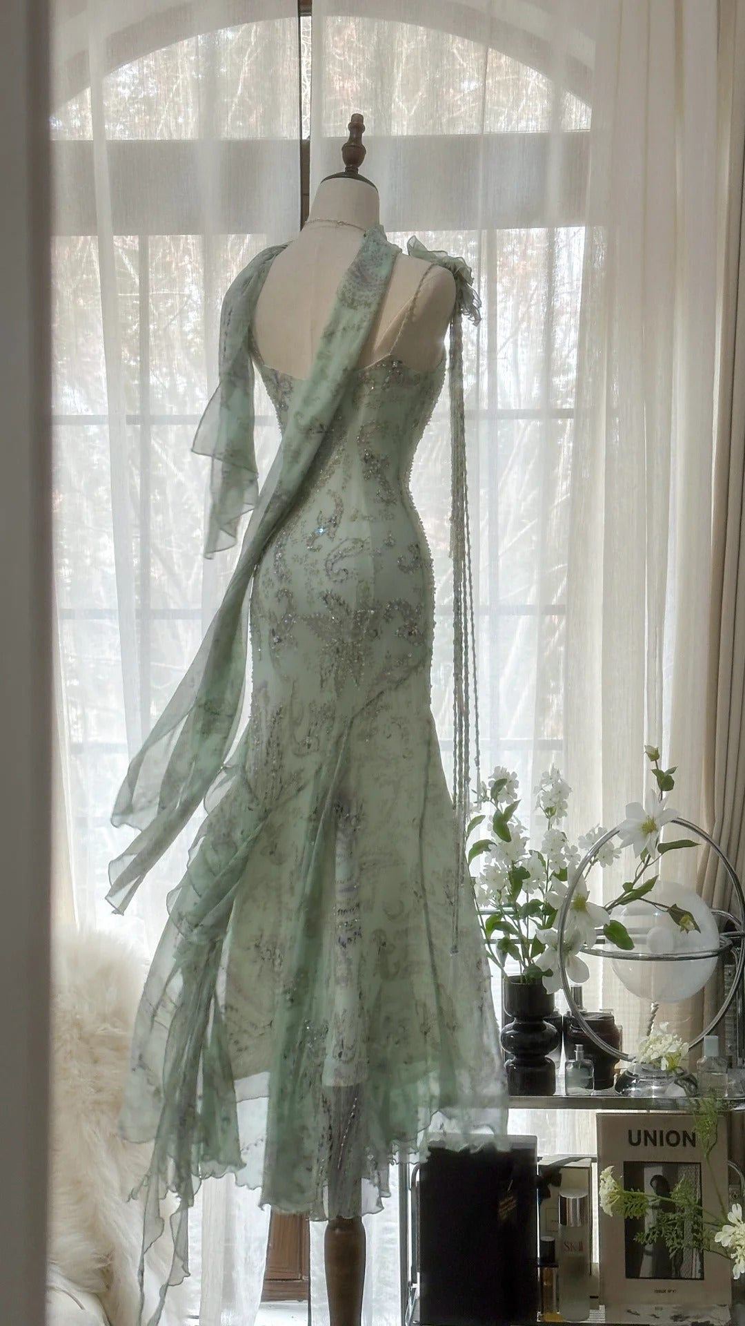 Mint Green Romantic Fashion Elegant Exquisite Beading Spaghetti Straps Long Tulle Chiffon Ruffle Ball Gown Evening Dress Party Dress HZ1023