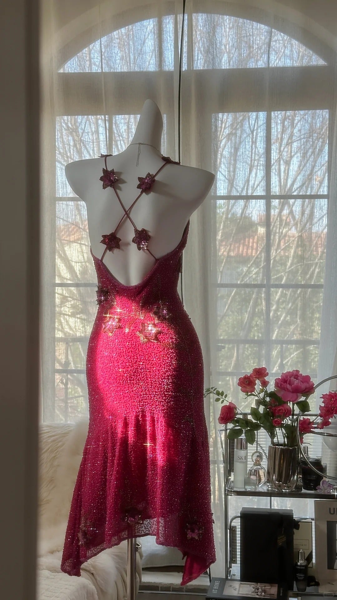 Pink Gorgeous Elegant Romantic Exquisite Beaded Sequin Midi/Short Chiffon Ball Gown Evening Dress Birthday/Wedding Guest Party Dress Prom Dress HZ1023