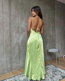 Green Fashion Simple Elegant Spaghetti Strap Long Satin Prom Dress Evening Dress Wedding Guest Party Dress Prom Dress HZ1023