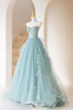 Green Lace Tulle A-Line Long Formal Dress, Green Strapless Evening Dress HZ1023