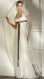 White vintage elegant fashion exquisite lace green ribbon long satin floor length small tail prom dress evening dress party dress prom dress wedding dress wedding guest dress bridesmaid dress HZ1023