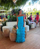 Blue/Yellow Off Shoulder A-Line Tiered Long Chiffon Ball Gown Elegant Ruffle Floor Length Prom Dress Evening Gown Wedding Party Dress HZ1023