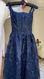 Navy Blue Vintage Fashion Elegant Strapless A-Line Delicate Lace Long Tulle Ball Gown Evening Dress HZ1023
