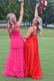 Pink fuchsia fashion elegant tulle flying sleeves shoulder straps long ruffled tulle formal floor-length prom dress evening gown party dress graduation dress HZ1023