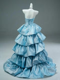 Shiny Stunning Blue Fashionable Elegant Long Satin Delicate Beads Floor Length Tiered Ruffled Ball Gown Evening Gown Graduation Gown Quincea?era Gown HZ1023