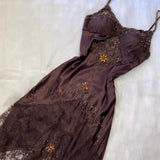 Brown Vintage Elegant Exquisite Floral Beading Spaghetti Strap Long Satin Lace Ball Gown Evening Dress Birthday Party Dress Prom Dress HZ1023