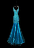 Blue Shiny Fashion Elegant V-neck Floral Long Mermaid Slim Fishtail Skirt Satin Floor Length Train Ball Gown Evening Gown Party Dress Prom Dress HZ1023