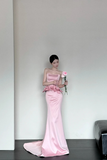 Pink Fashion Elegant Exquisite Floral Long Satin Corset Mermaid Slim Floor Length Train Ball Gown Evening Dress Party Dress Prom Dress HZ1023