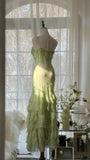 Green Romantic Fashion Elegant Exquisite Beaded Spaghetti Straps Tassel Long Tulle Chiffon Ruffle Ball Gown Evening Gown Party Dress HZ1023