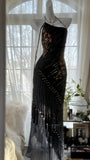 Black Vintage Fashion Delicate Floral Tassel Beaded Long Chiffon Ball Gown Birthday Party Dress Evening Gown Prom Dress HZ1023
