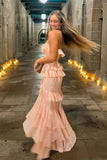 Pink Chiffon Ruffles Long Flowing Elegant Evening Dress Wedding Guest Party Dress Holiday Party Dress HZ1023