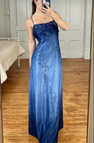 Blue Vintage Fashion Elegant Retro Exquisite Beaded Spaghetti Strap Long Satin Tulle Ball Gown Evening Gown Party Dress Prom Gown HZ1023