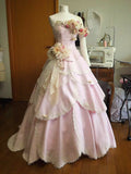 Pink Gorgeous Vintage Fashion Elegant Exquisite Floral Applique Long Lace Satin Ball Gown Evening Dress Party Dress Wedding Dress HZ1023