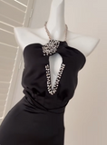Black Fashion Sexy Deep V Heavy Diamond Short Satin Homecoming Dress Birthday Party Dress Cocktail Party Dress Evening Dress HZ1023