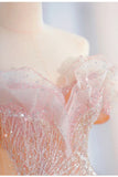 Pink gorgeous shiny dreamy elegant fashion exquisite beaded long floor-length trailing tulle ball gown evening dress HZ1023